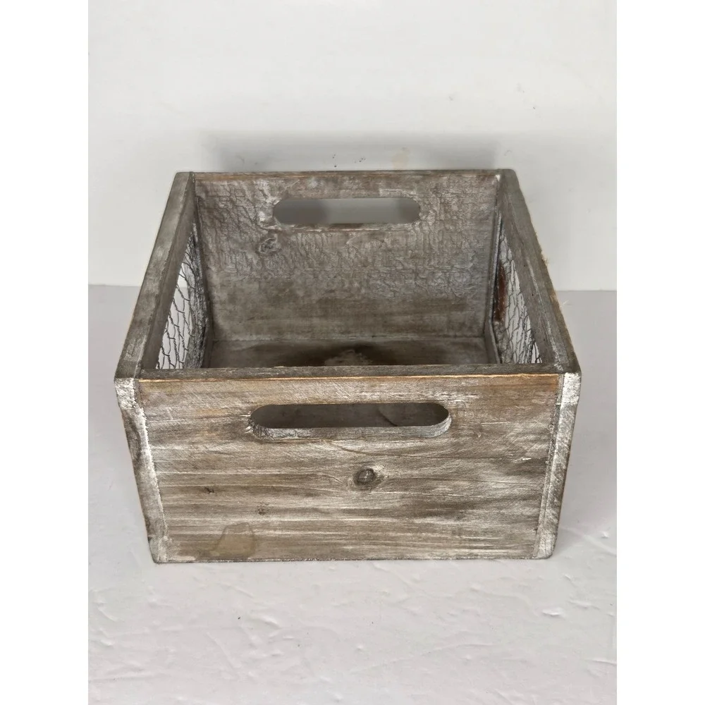 Rustic Farmhouse Beige Grey Wood Crate with Chicken Wire Mesh Sides and Handles